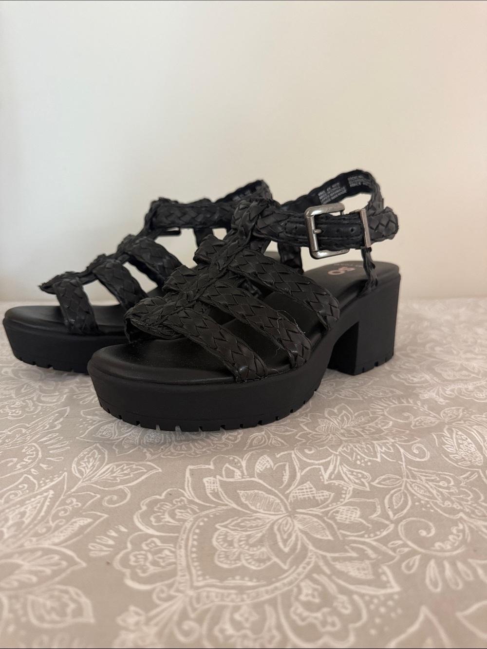 SO Black Braided Platform Block Heel Sandals